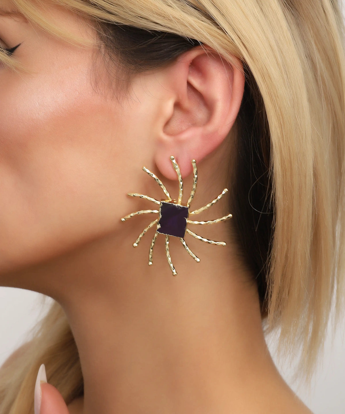 Sunburst Square Gem Gold Statement Earrings