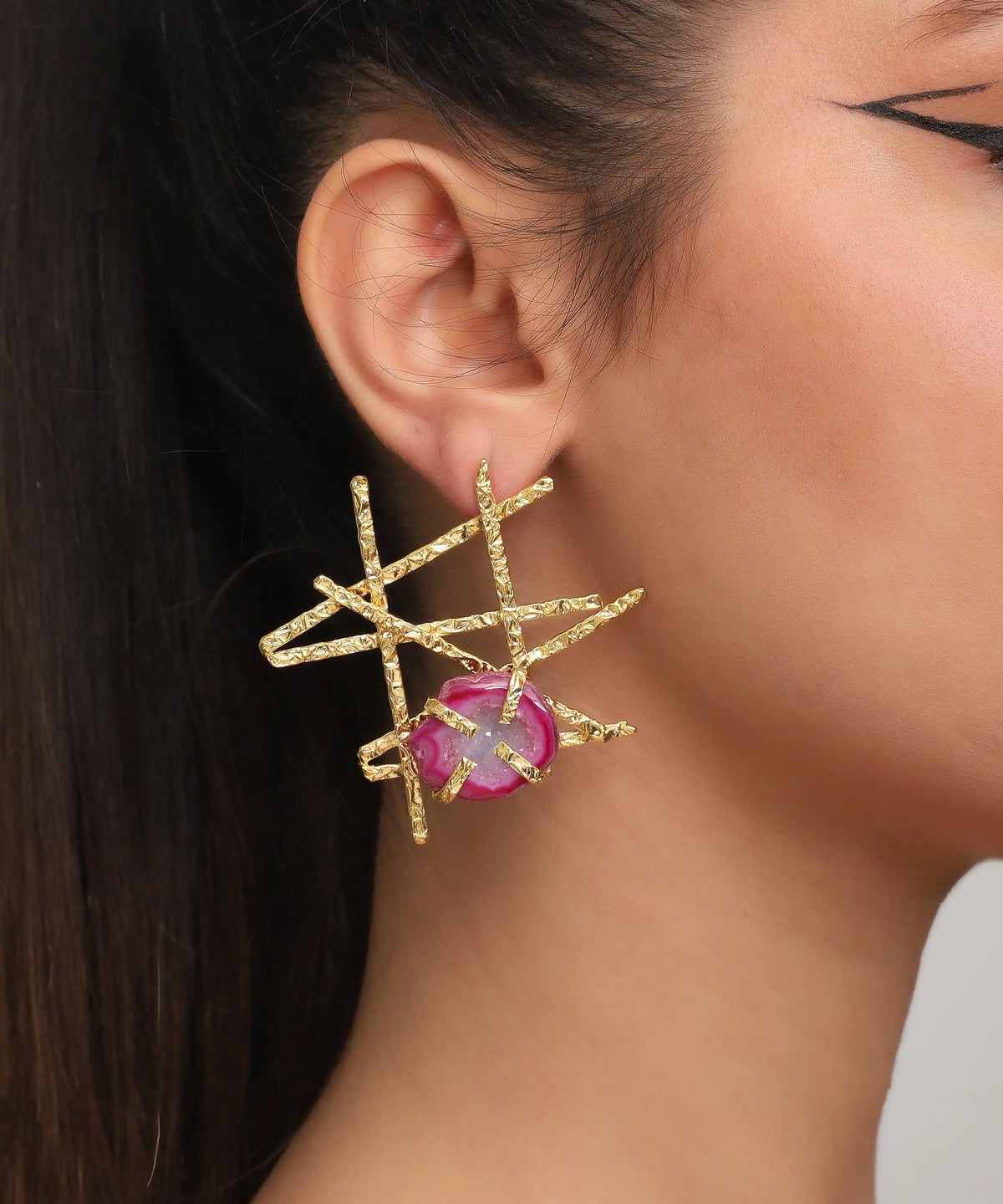 Sunburst Gold Purple Stone Statement Earrings – Bold Artistic Designer Jewelry