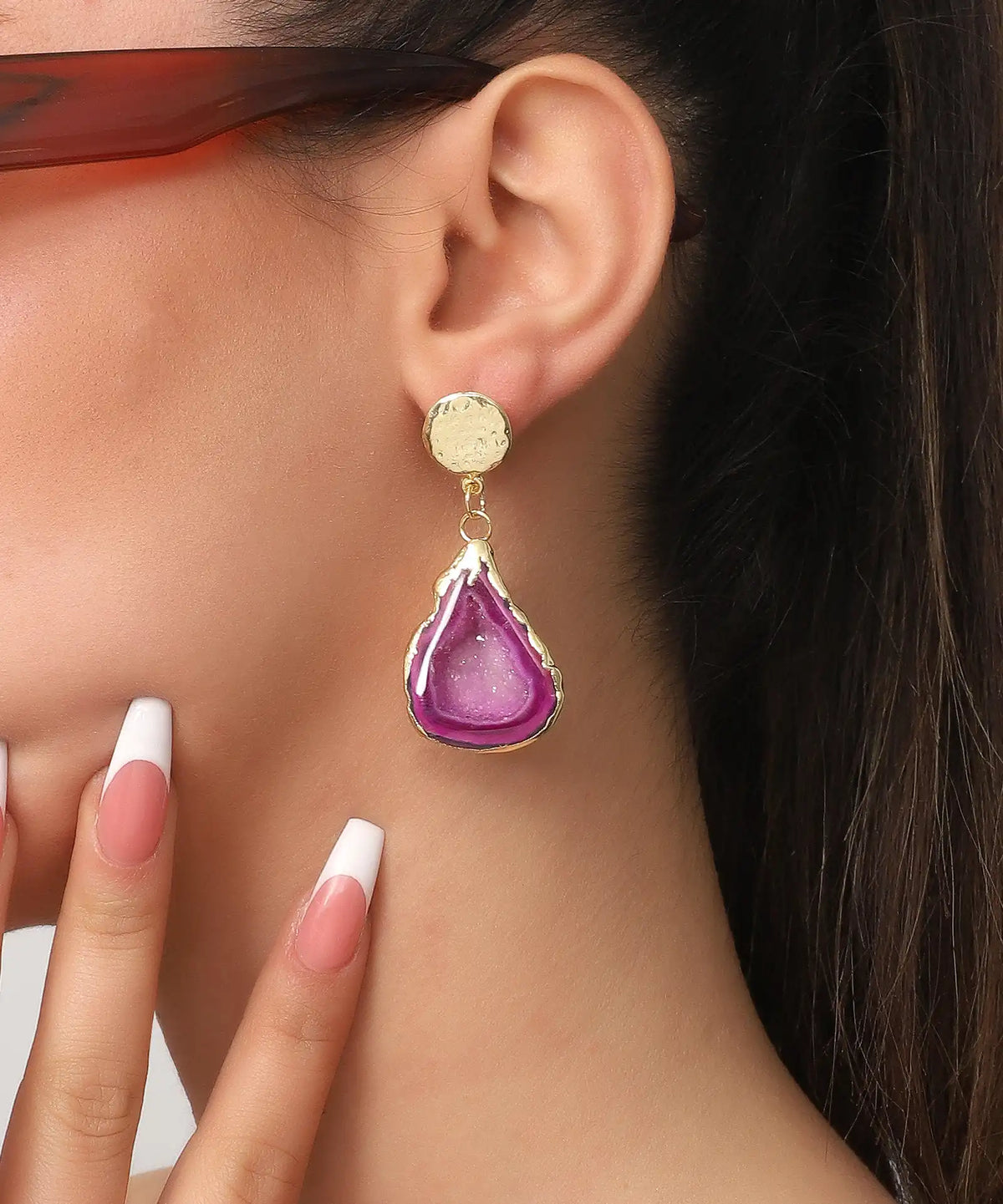 Purple Agate Gold Drop Earrings – Natural Stone Statement Jewelry for Elegant & Modern Style