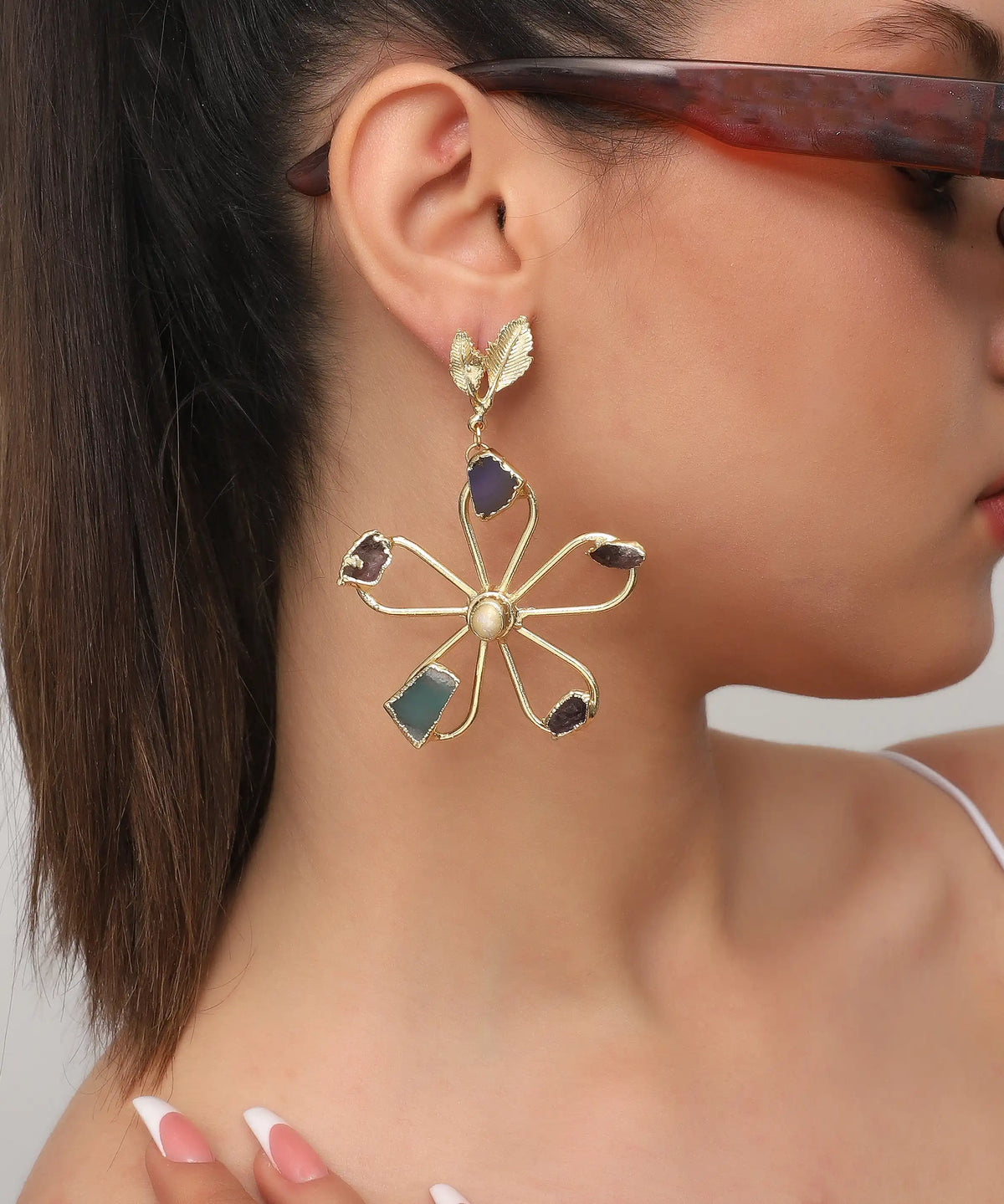 Floral Multi Stone Gold Statement Earrings – Artistic Designer Luxury Drop Earrings with Natural Stones