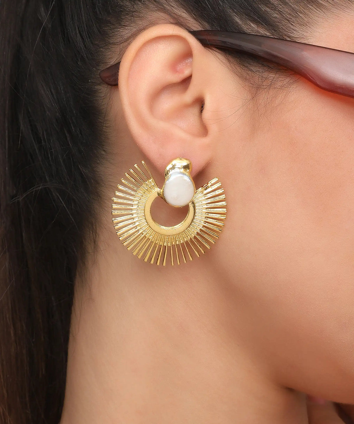 Sunburst Pearl Gold Hoop Earrings – Radiant Fan Design Statement Earrings with Elegant White Stone Detail