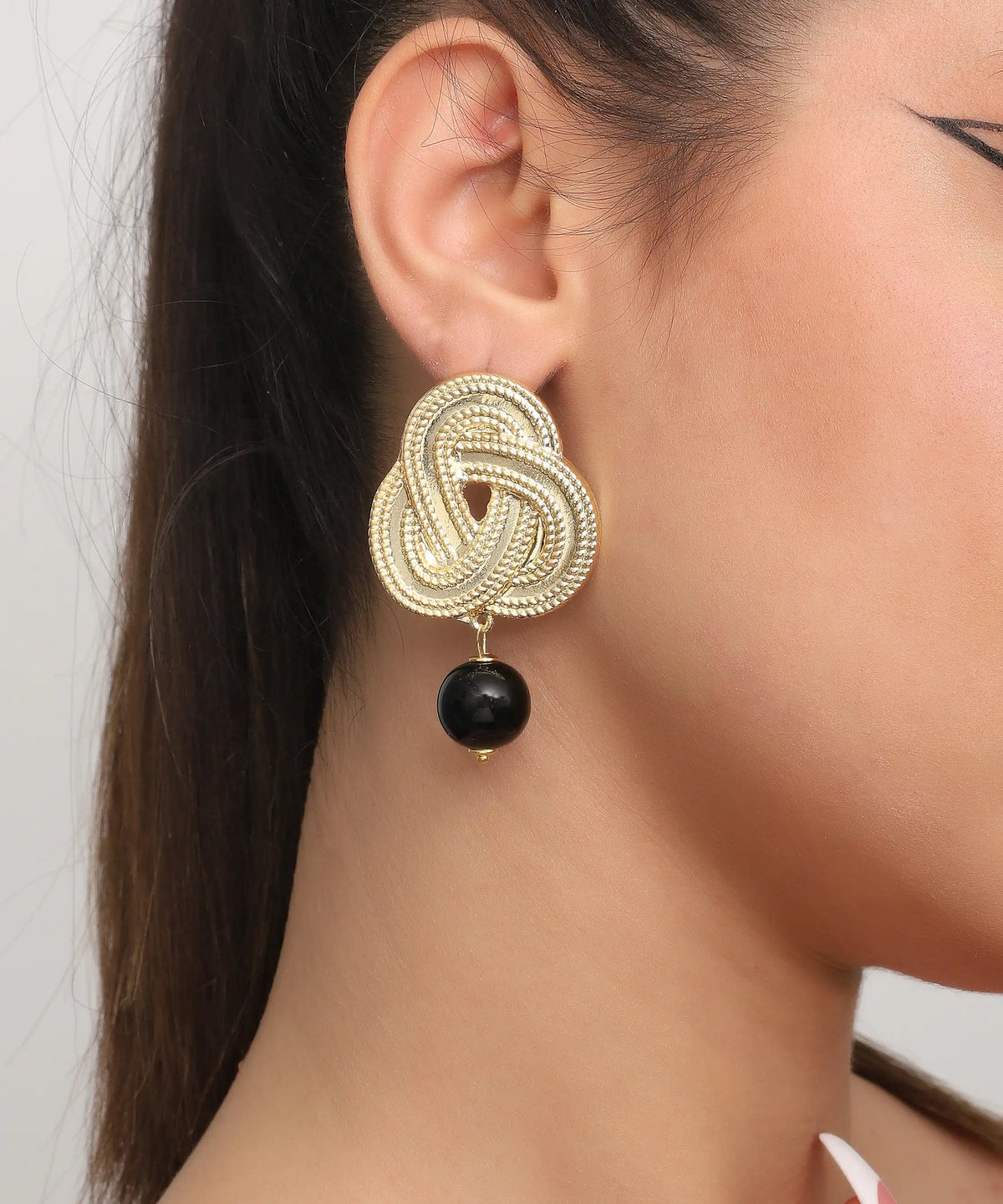 Gold Knot Black Bead Drop Earrings – Elegant Statement Vintage Style Earrings for Women
