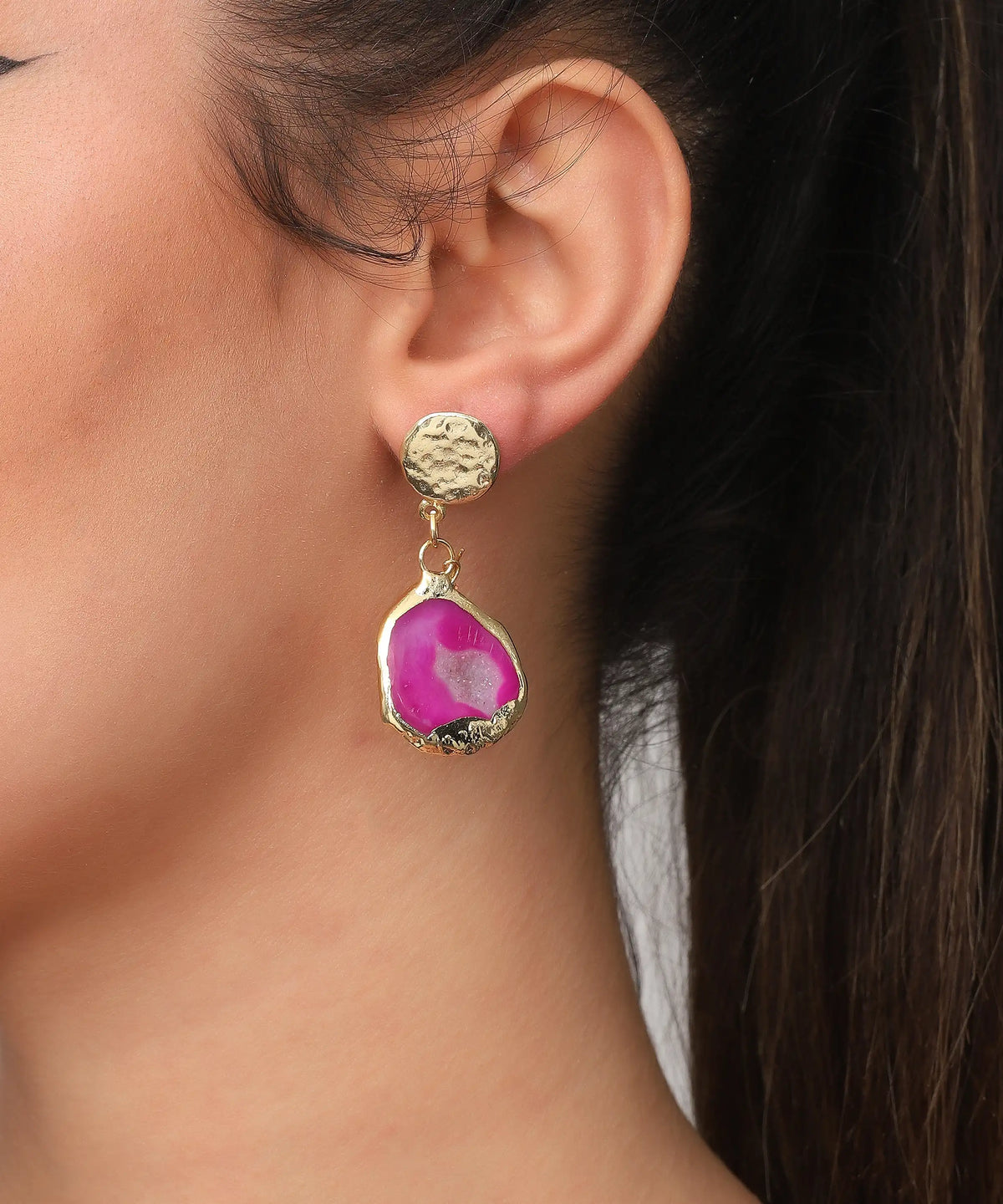 Pink Agate Gold Drop Earrings – Natural Stone Statement Earrings for Women