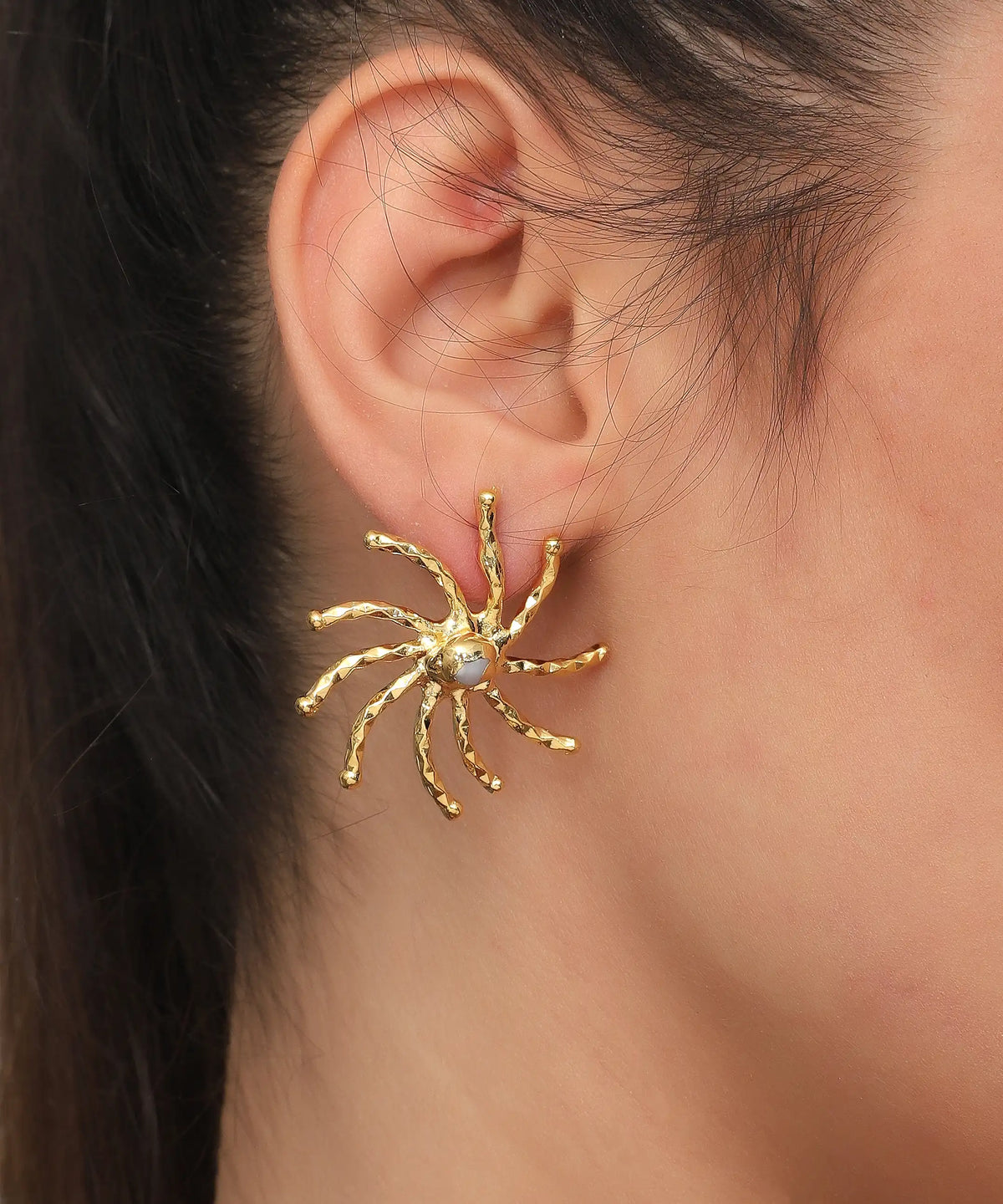 Gold Sunburst Pearl Stud Earrings – Radiant Statement Earrings with Textured Organic Design
