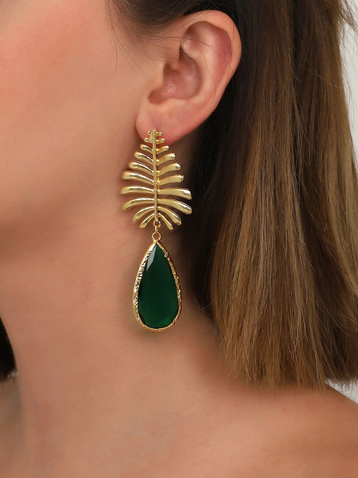 Gold Leaf Green Teardrop Earrings – Nature Luxe Statement