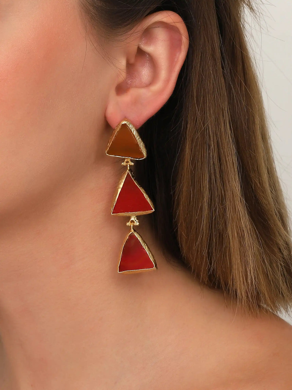 Gold Red Triangle Drop Earrings – Geometric Statement Design