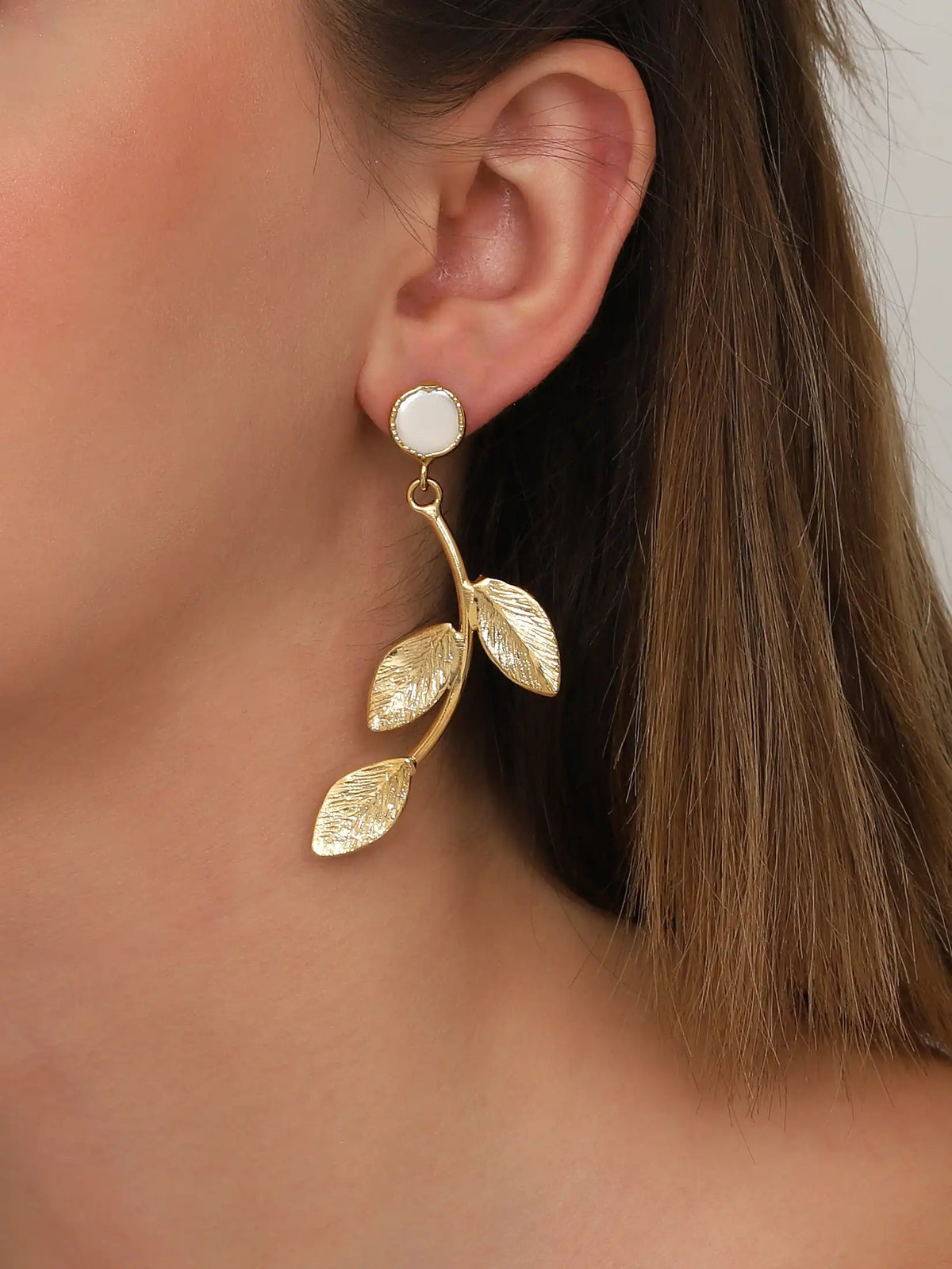 Gold White Leaf Branch Drop Earrings – Elegant Botanical Statement Design
