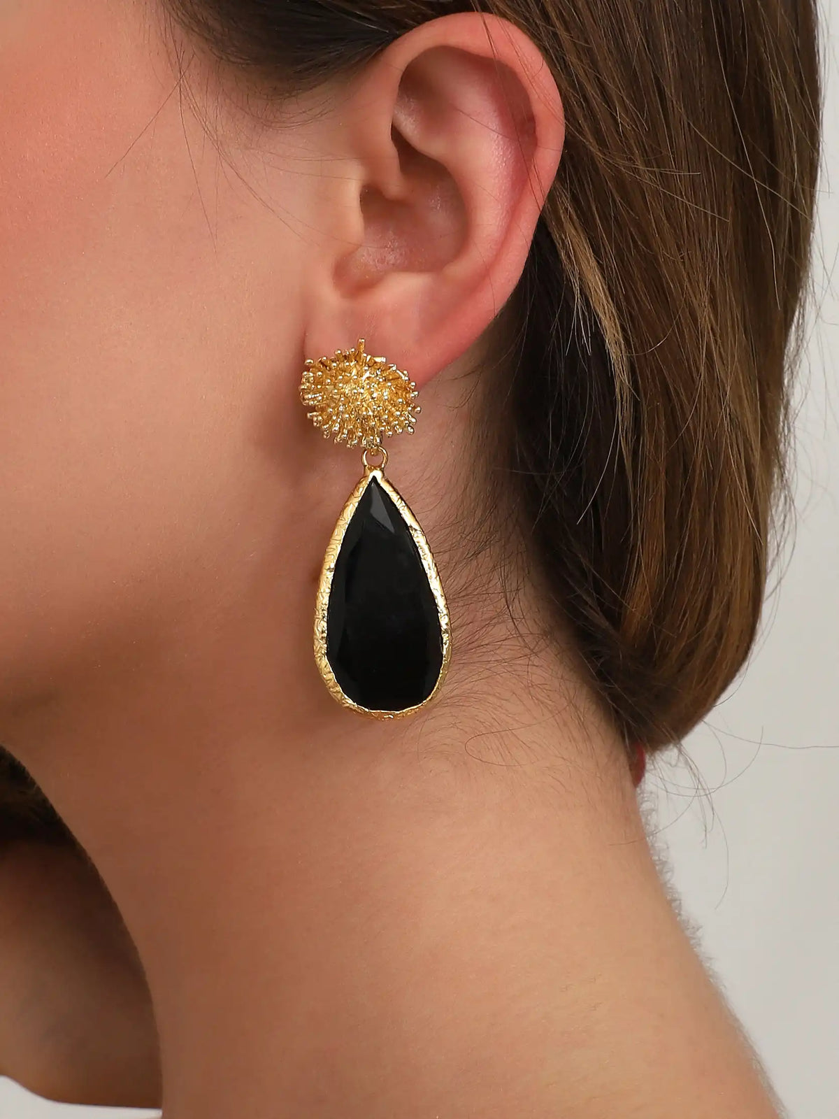 Gold Black Teardrop Statement Earrings – Textured Sunburst Top Design