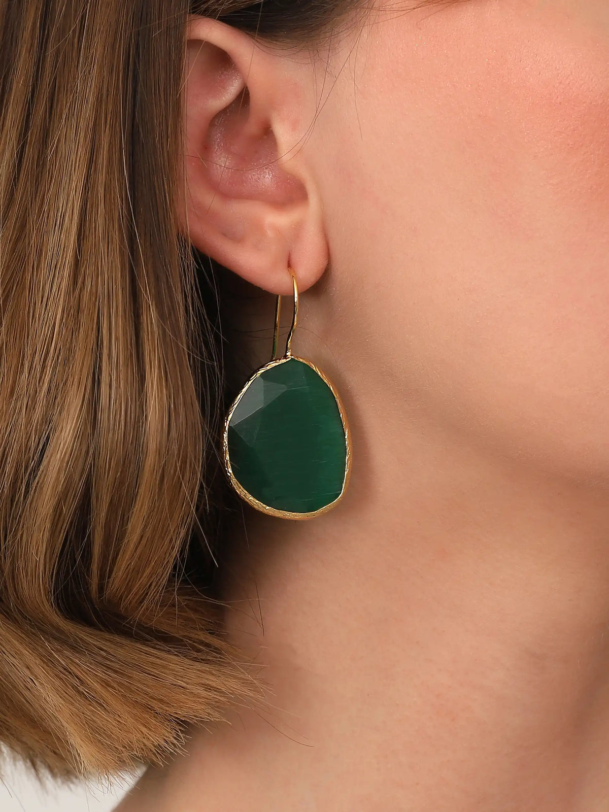 Gold Green Faceted Stone Drop Earrings – Oversized Hook Statement Design