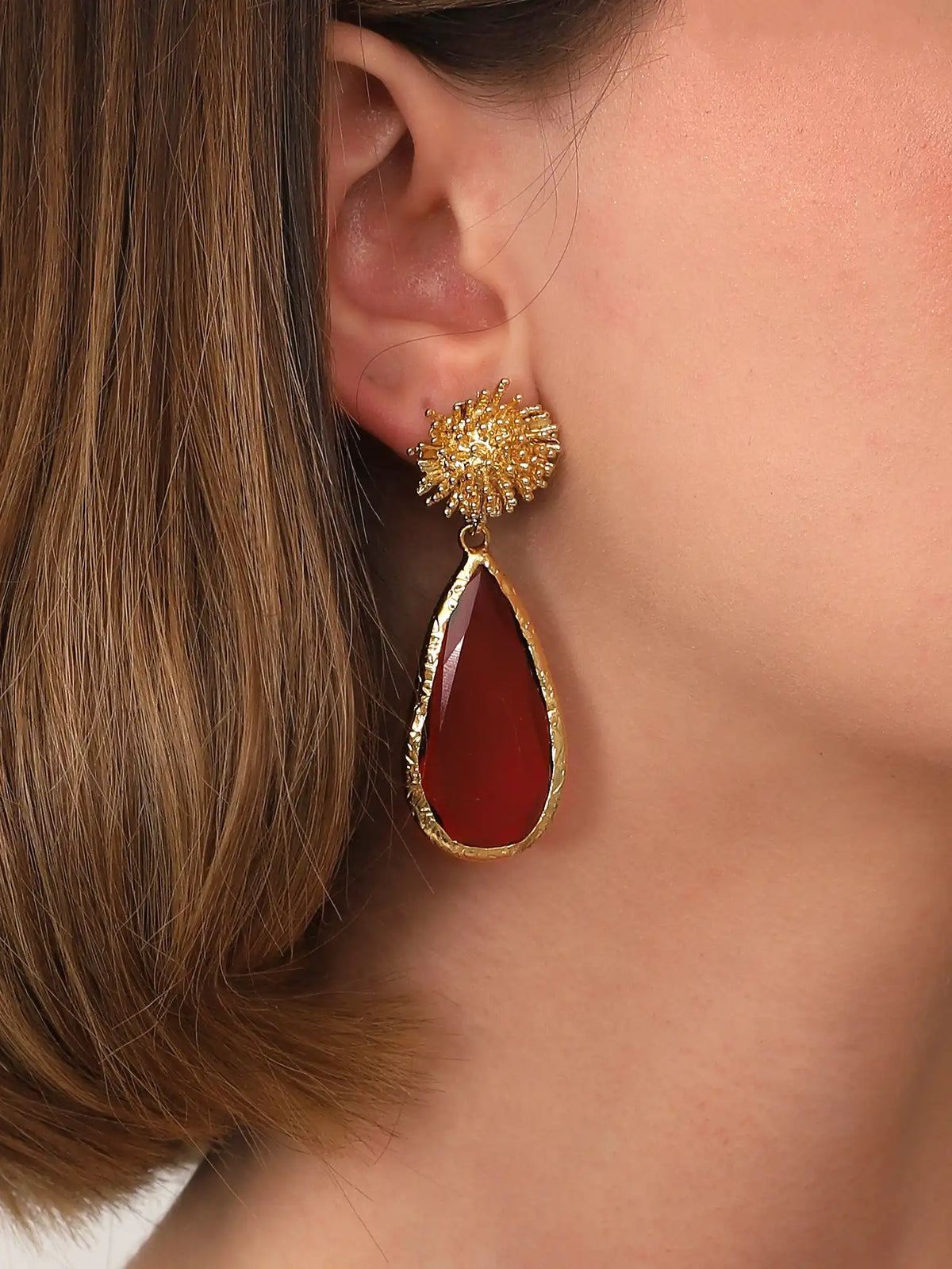 Gold Red Teardrop Statement Earrings – Textured Sunburst Top Design