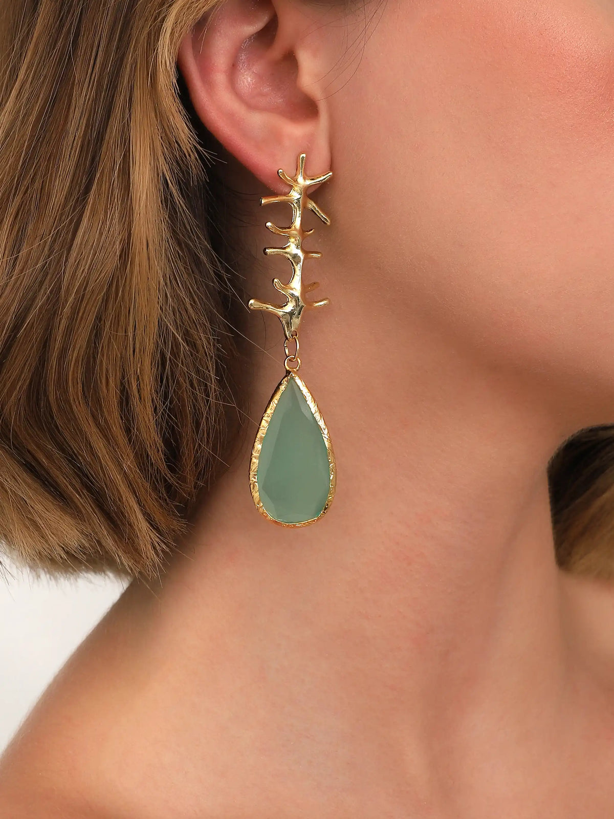 Gold Mint Teardrop Coral Earrings – Sculptural Branch Statement Design