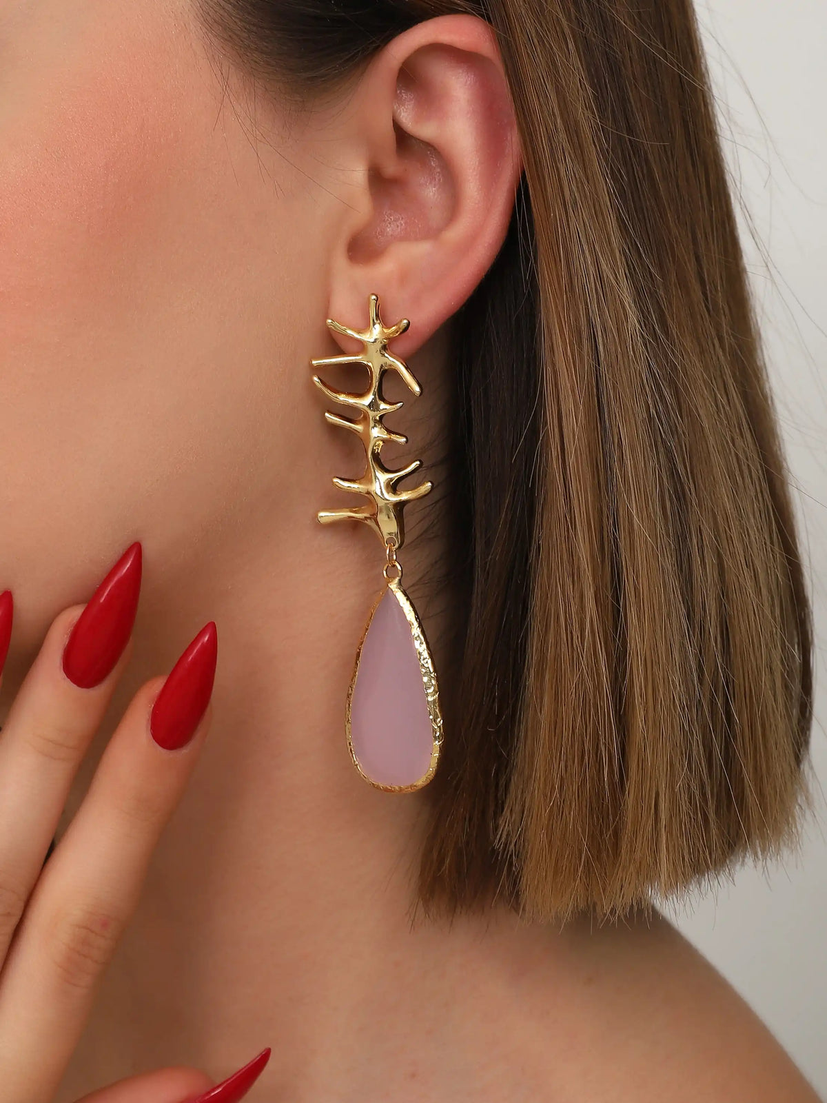 Gold Pink Teardrop Coral Earrings – Sculptural Branch Statement Design