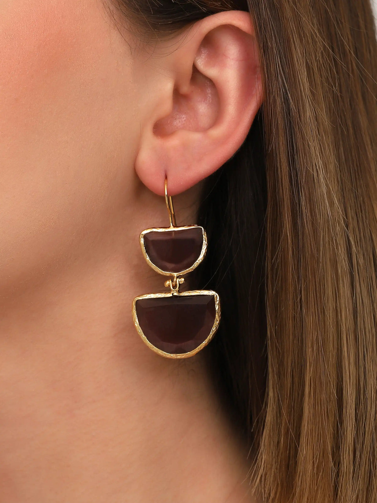 Gold Burgundy Semicircle Drop Earrings – Modern Geometric Statement Design