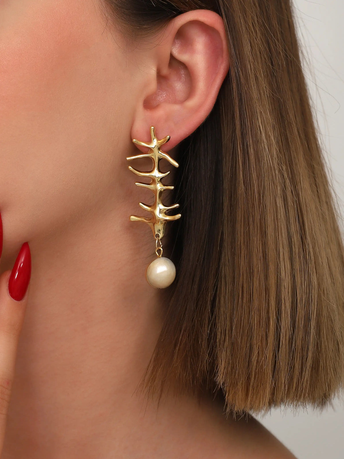 Gold Coral Branch Pearl Drop Earrings – Sculptural Coastal Statement Design