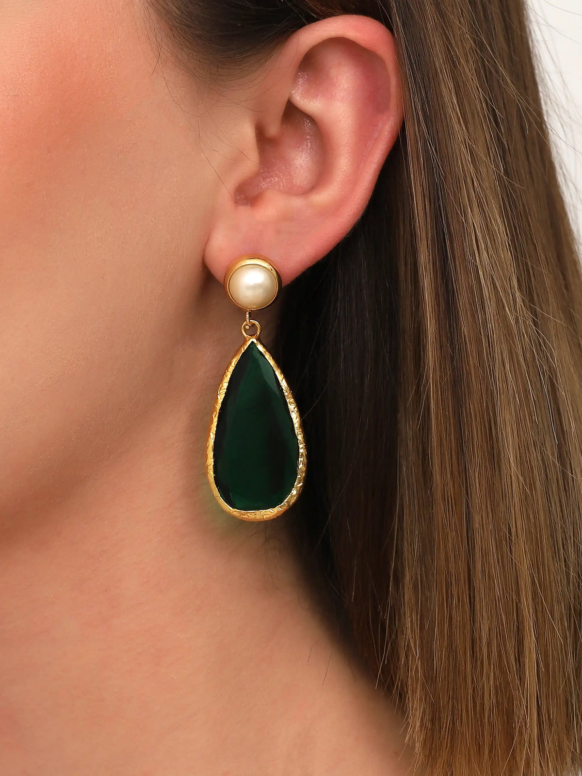 Gold Green Teardrop Pearl Earrings – Elegant Gemstone Statement Design