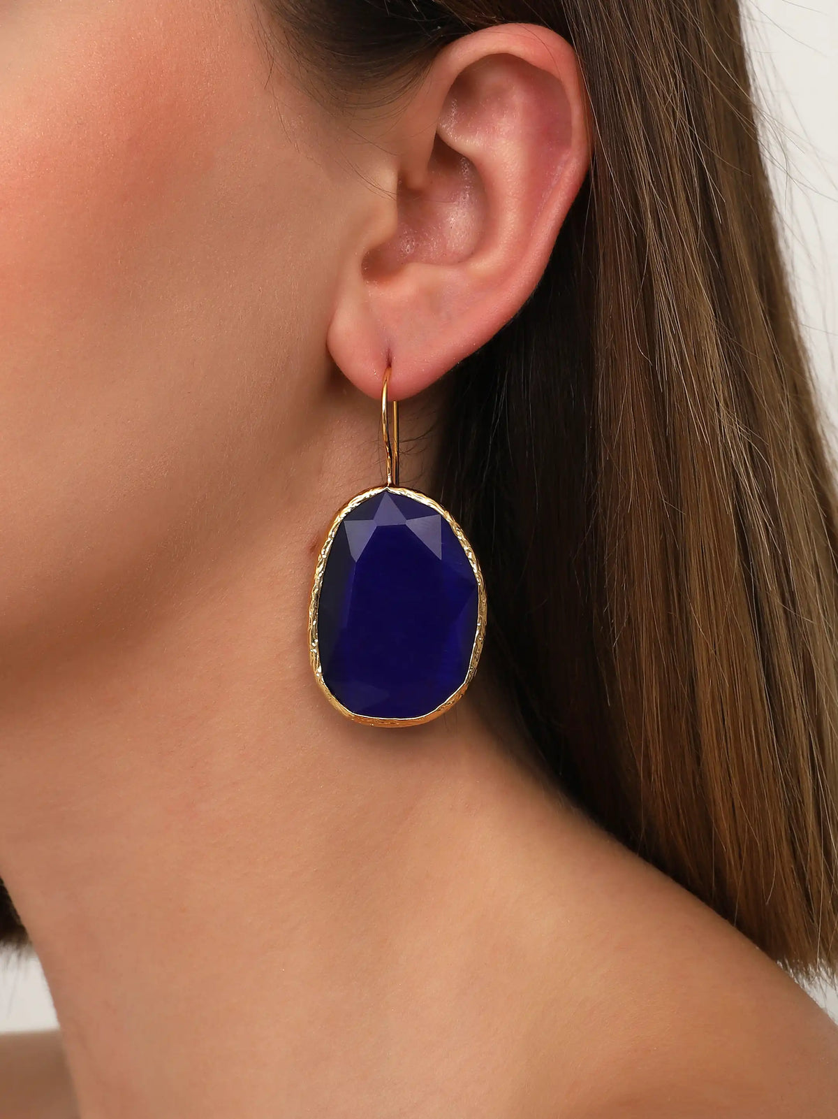 Gold Blue Faceted Stone Drop Earrings – Oversized Oval Hook Design