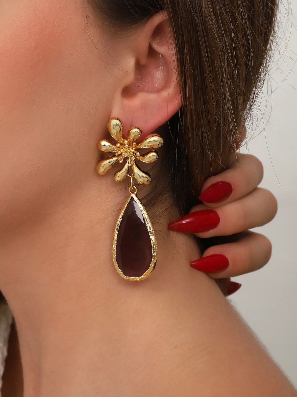 Gold Burgundy Teardrop Flower Earrings – Elegant Floral Statement Design