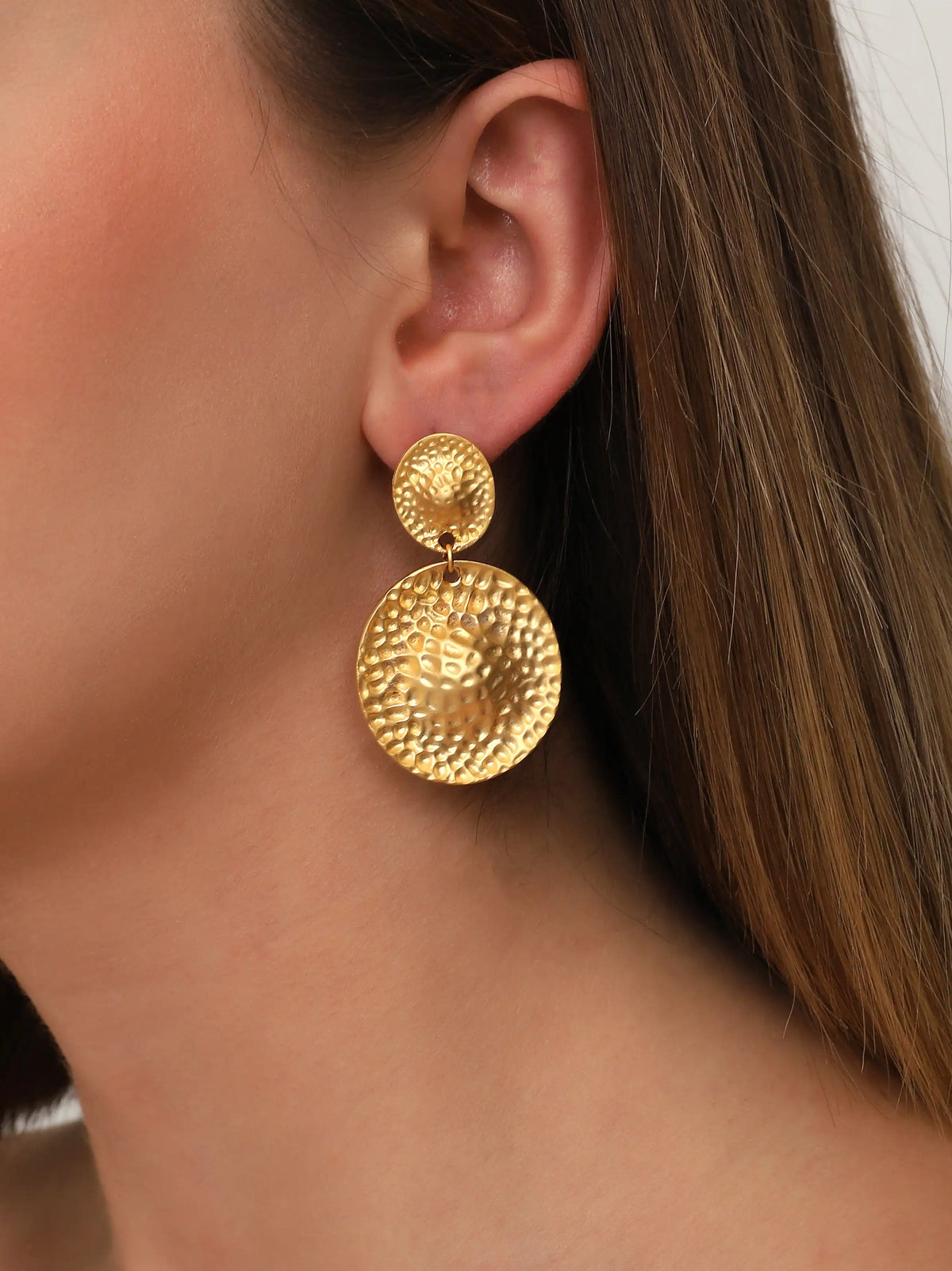 Gold Hammered Disc Drop Earrings – Textured Double Circle Statement Design