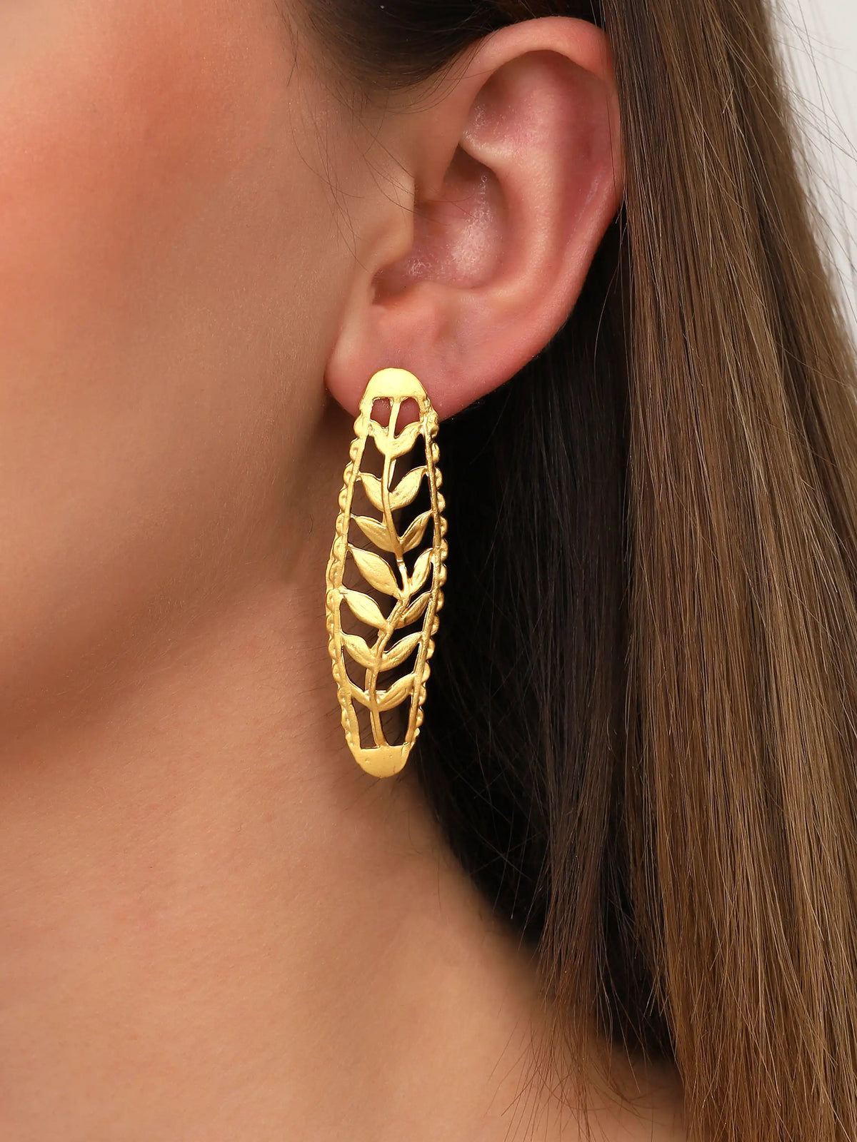 Gold Open Leaf Hoop Earrings – Botanical Oval Statement Design