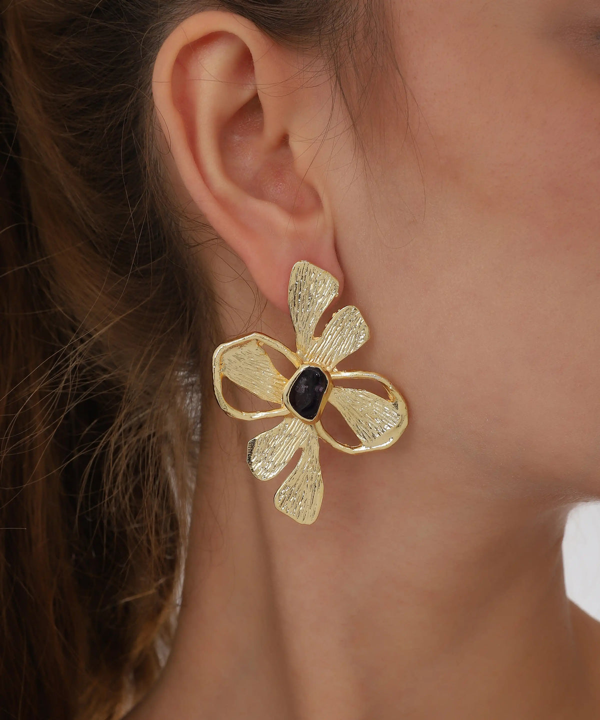 Gold Black Stone Flower Statement Earrings