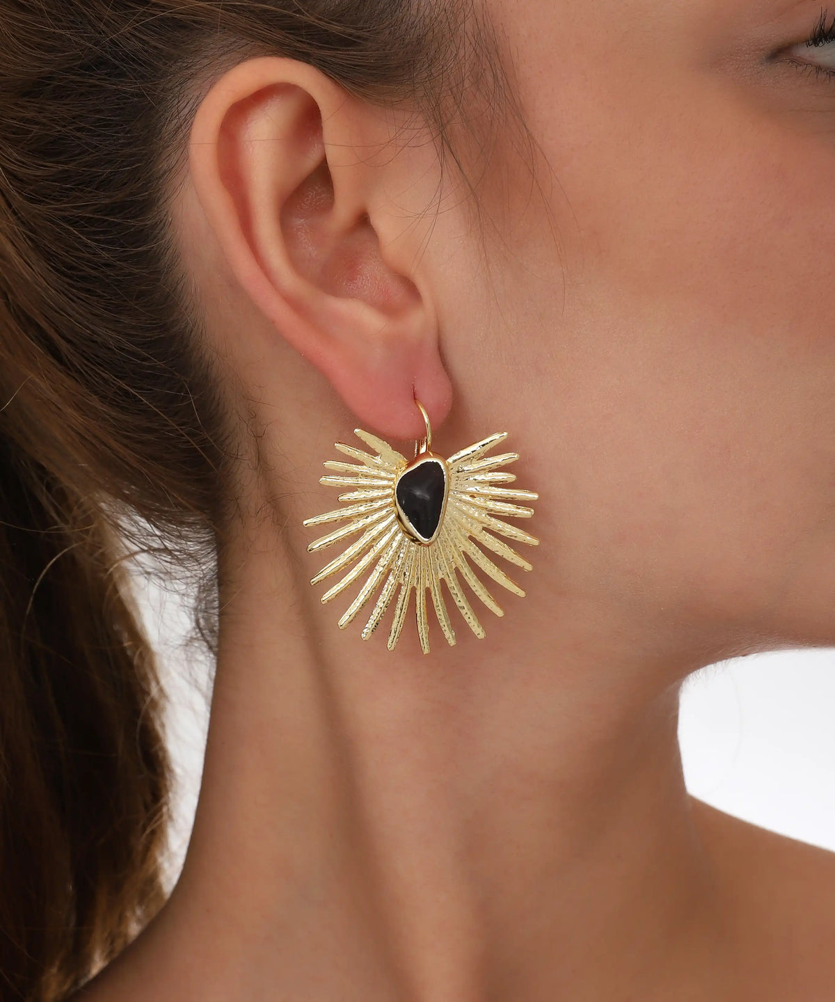 Gold Black Stone Sunburst Hoop Earrings