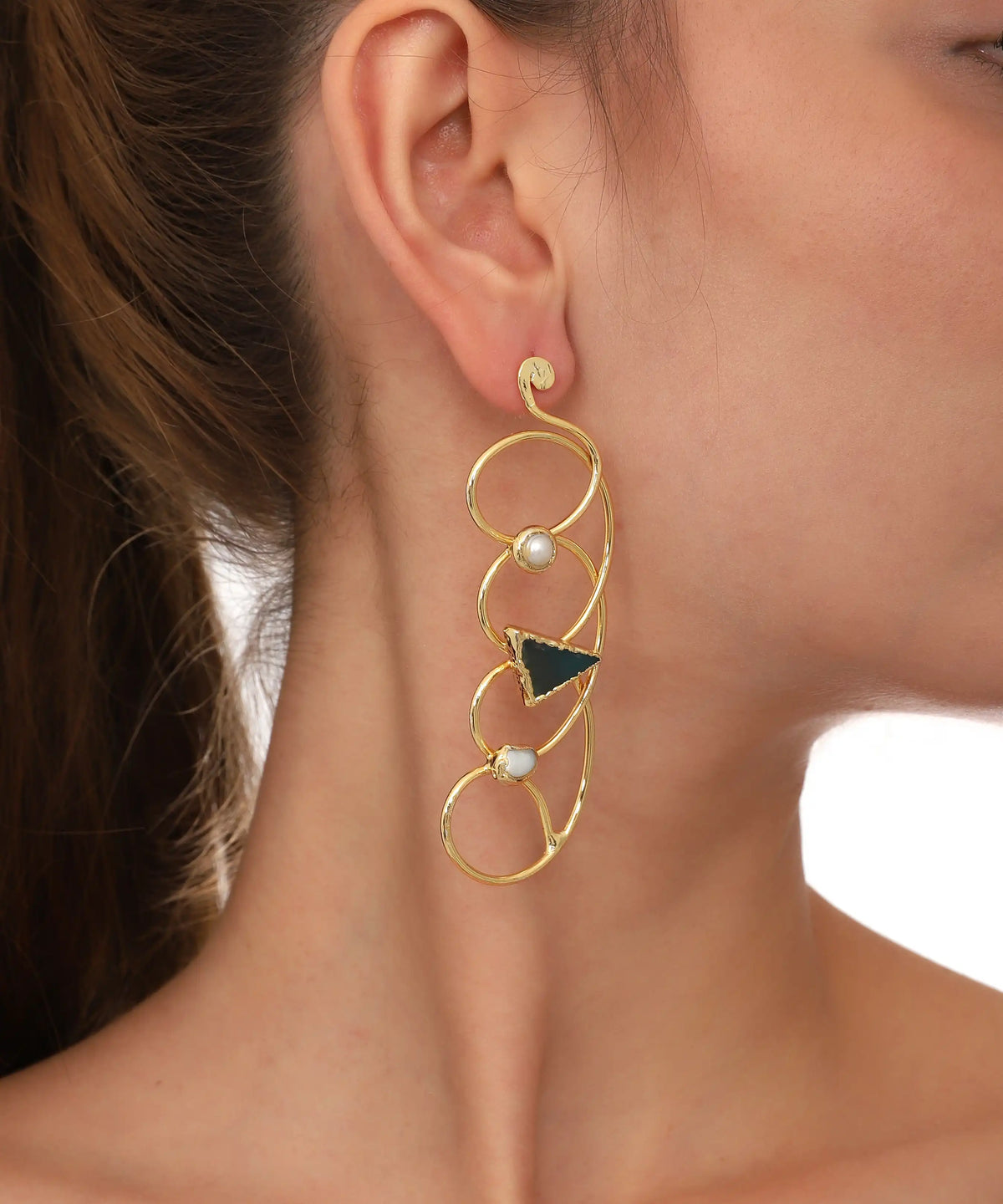 Gold Abstract Loop Black Stone Pearl Drop Earrings