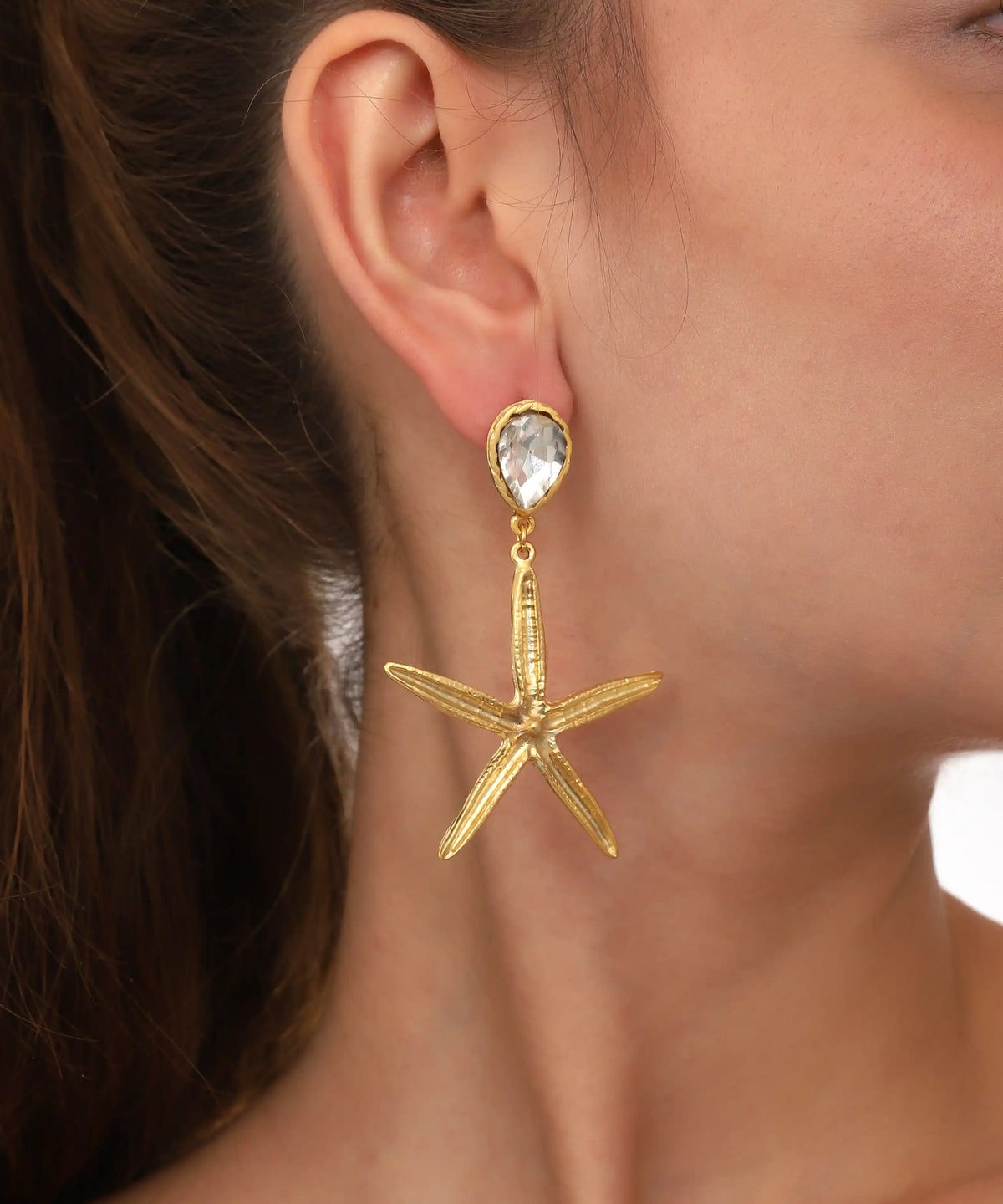 Gold Crystal Starfish Drop Earrings