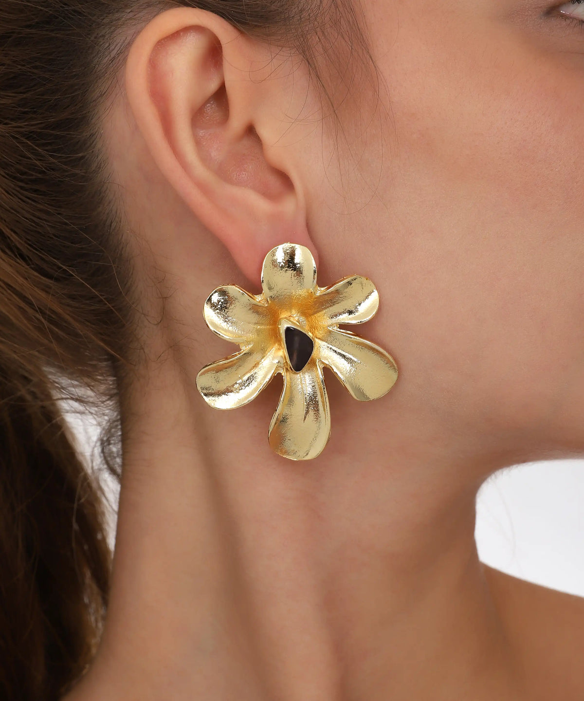 Gold Black Stone Organic Flower Statement Earrings