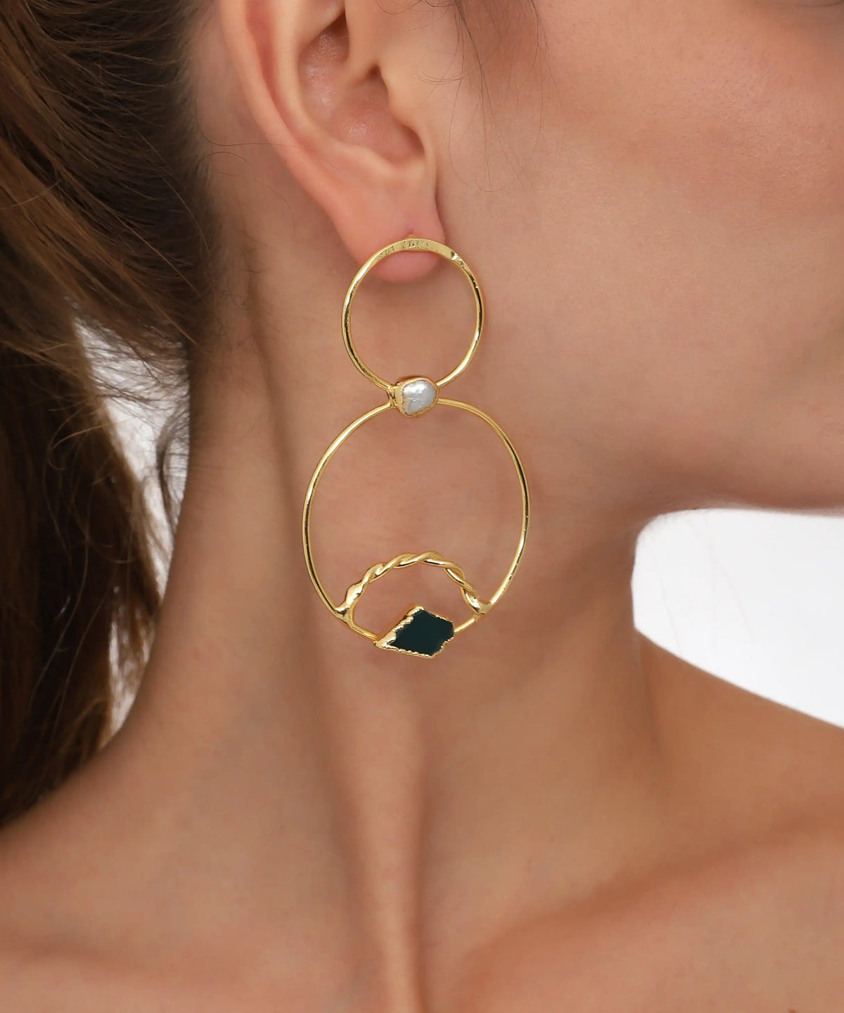 Gold Double Hoop Black Stone Pearl Earrings