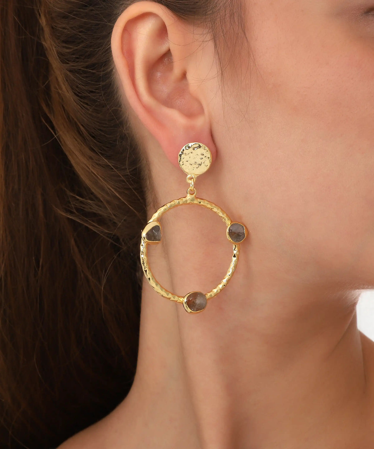 Gold Hammered Circle Multi Stone Earrings