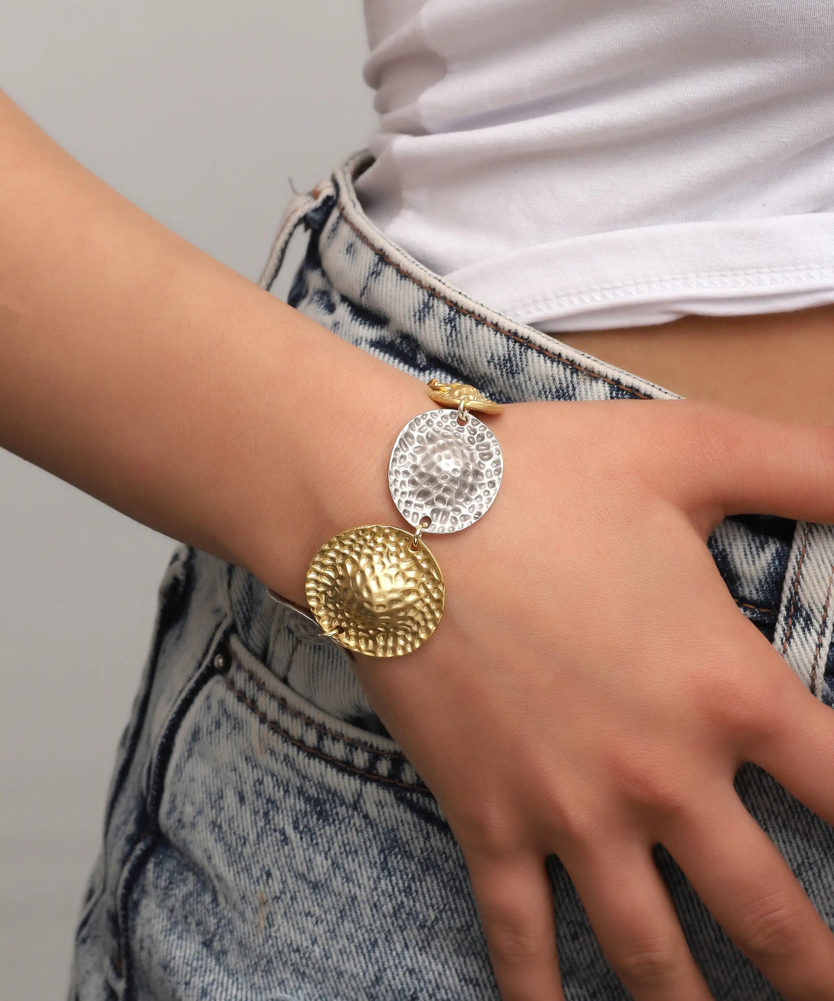 Gold Silver Hammered Disc Link Bracelet