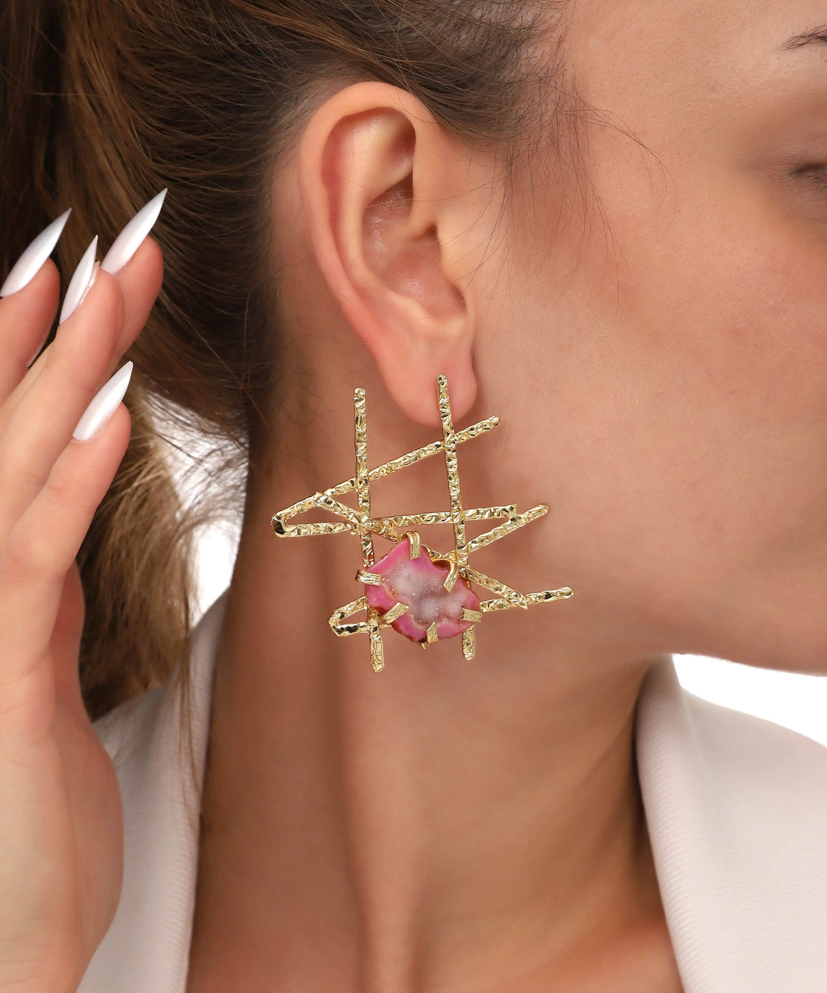 Gold Abstract Grid Pink Stone Statement Earrings
