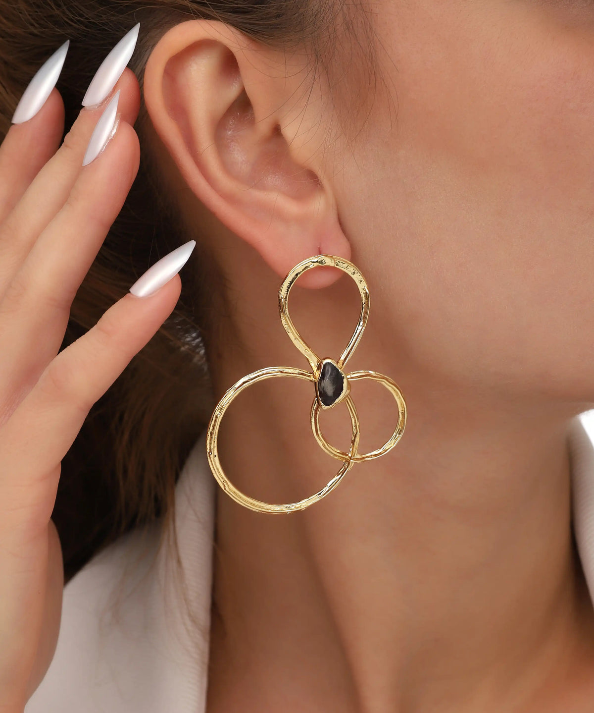Gold Abstract Triple Loop Black Stone Earrings
