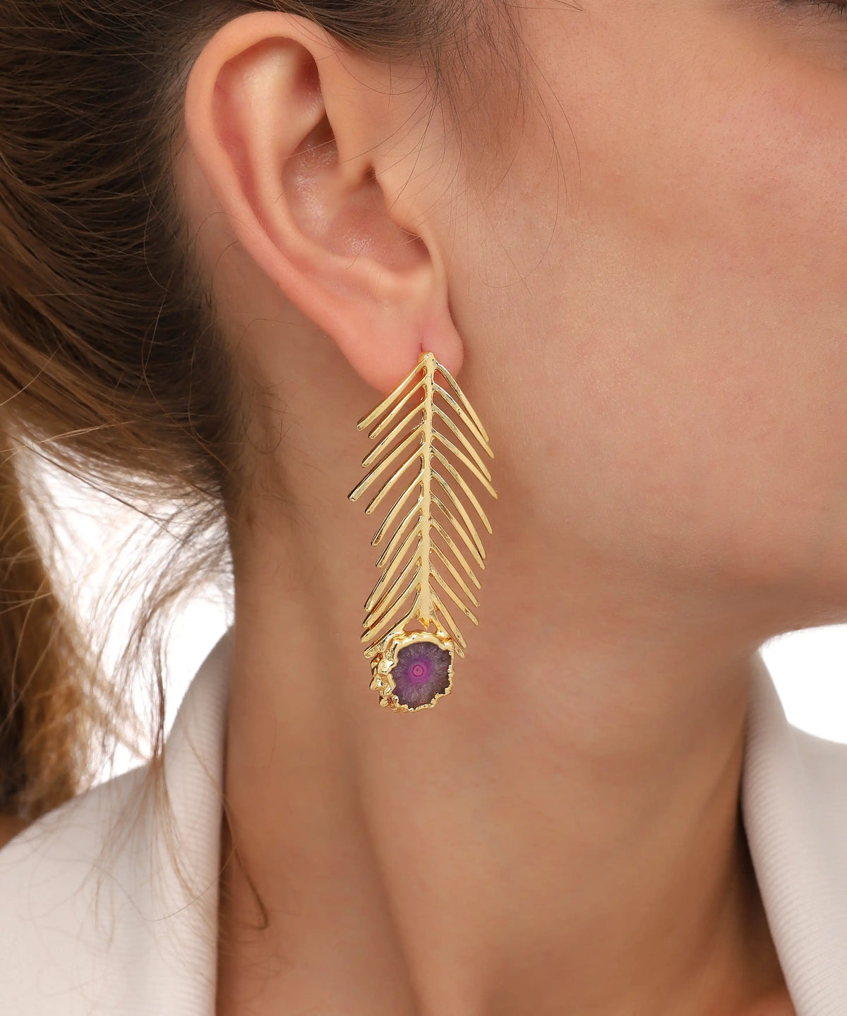 Gold Palm Leaf Purple Stone Drop Earrings