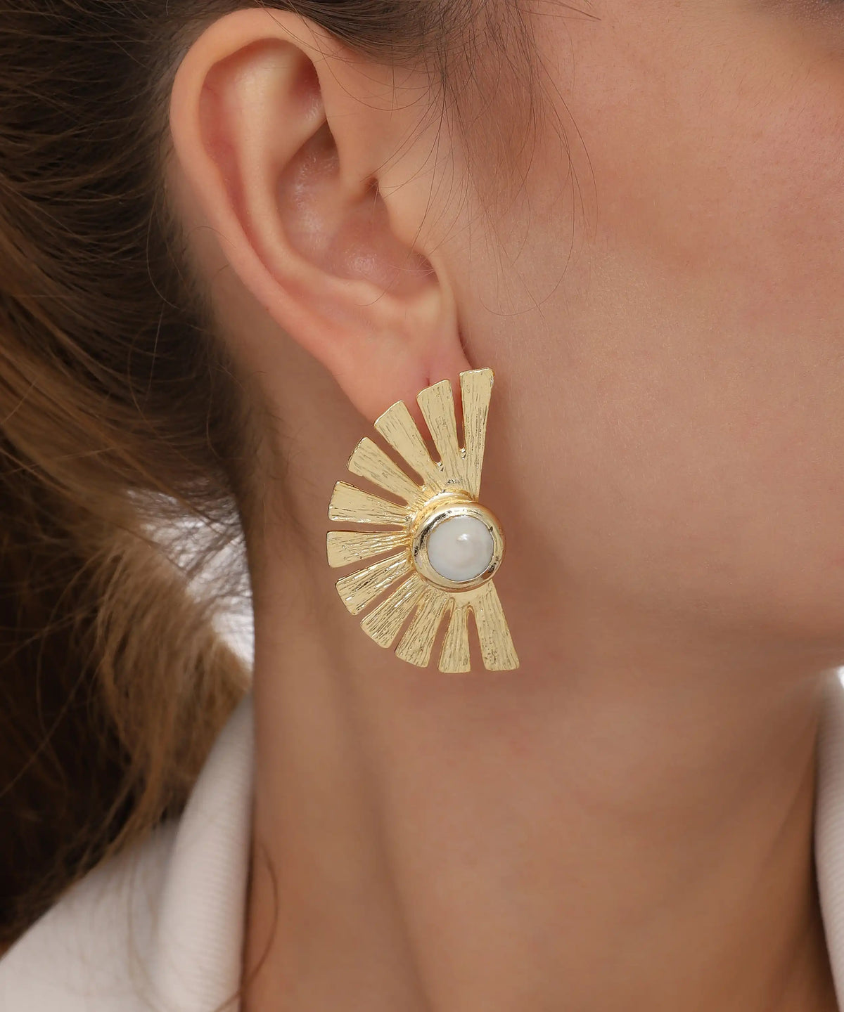 Gold Sunburst Pearl Stud Earrings