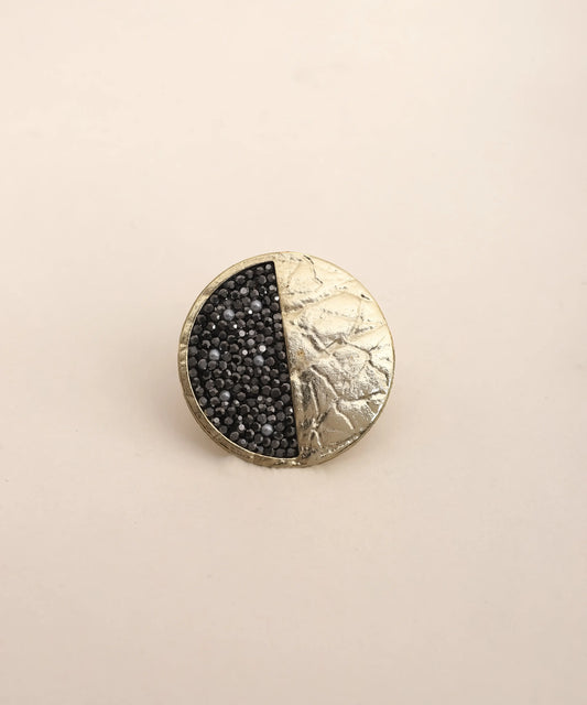 Half Black Crystal & Textured Gold Disc Ring Adjustable