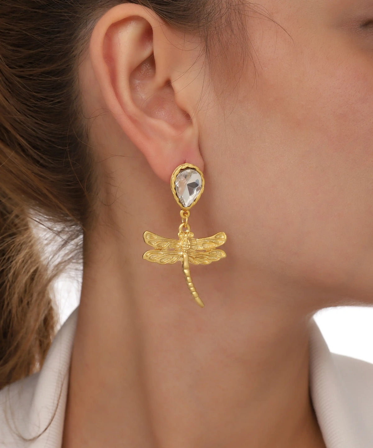 Gold Dragonfly Crystal Drop Earrings
