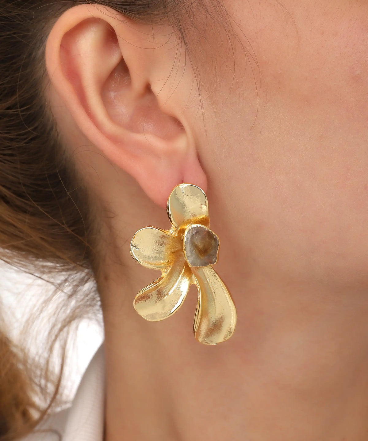 Gold Organic Floral Earrings with Natural Stone