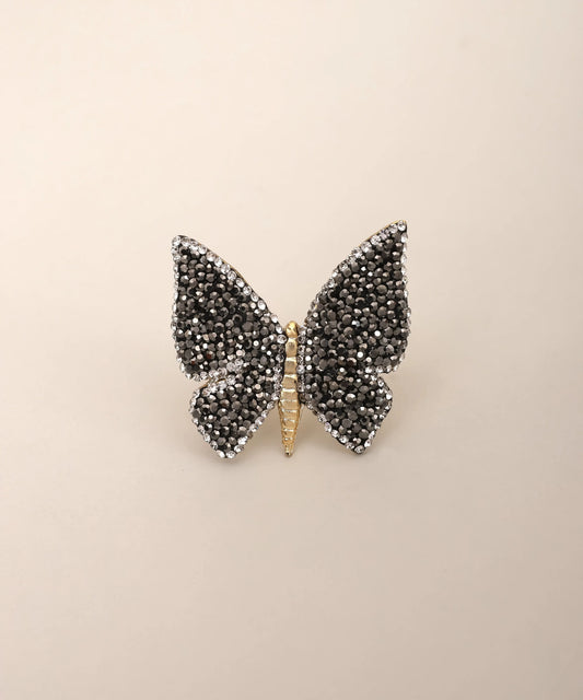 Black Crystal Butterfly Statement Ring Gold Adjustable