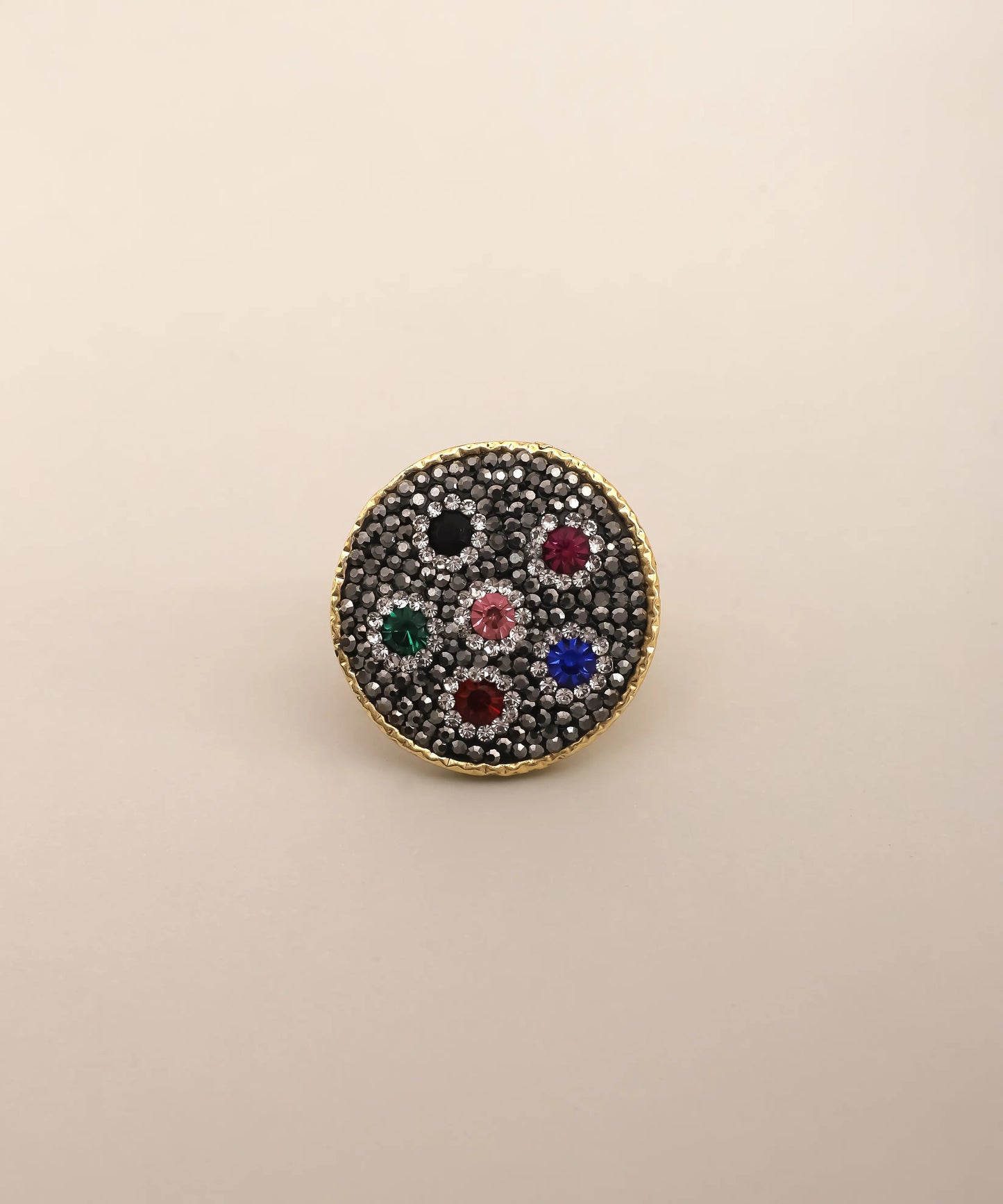 Multicolor Crystal Disc Statement Ring Gold Adjustable