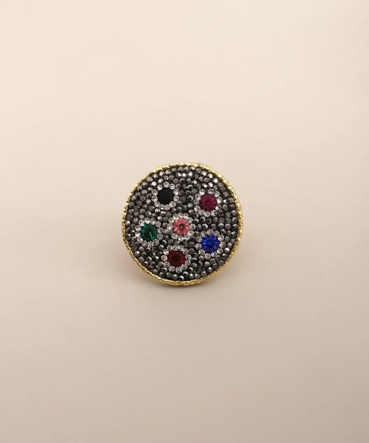 Multicolor Crystal Disc Statement Ring Gold Adjustable