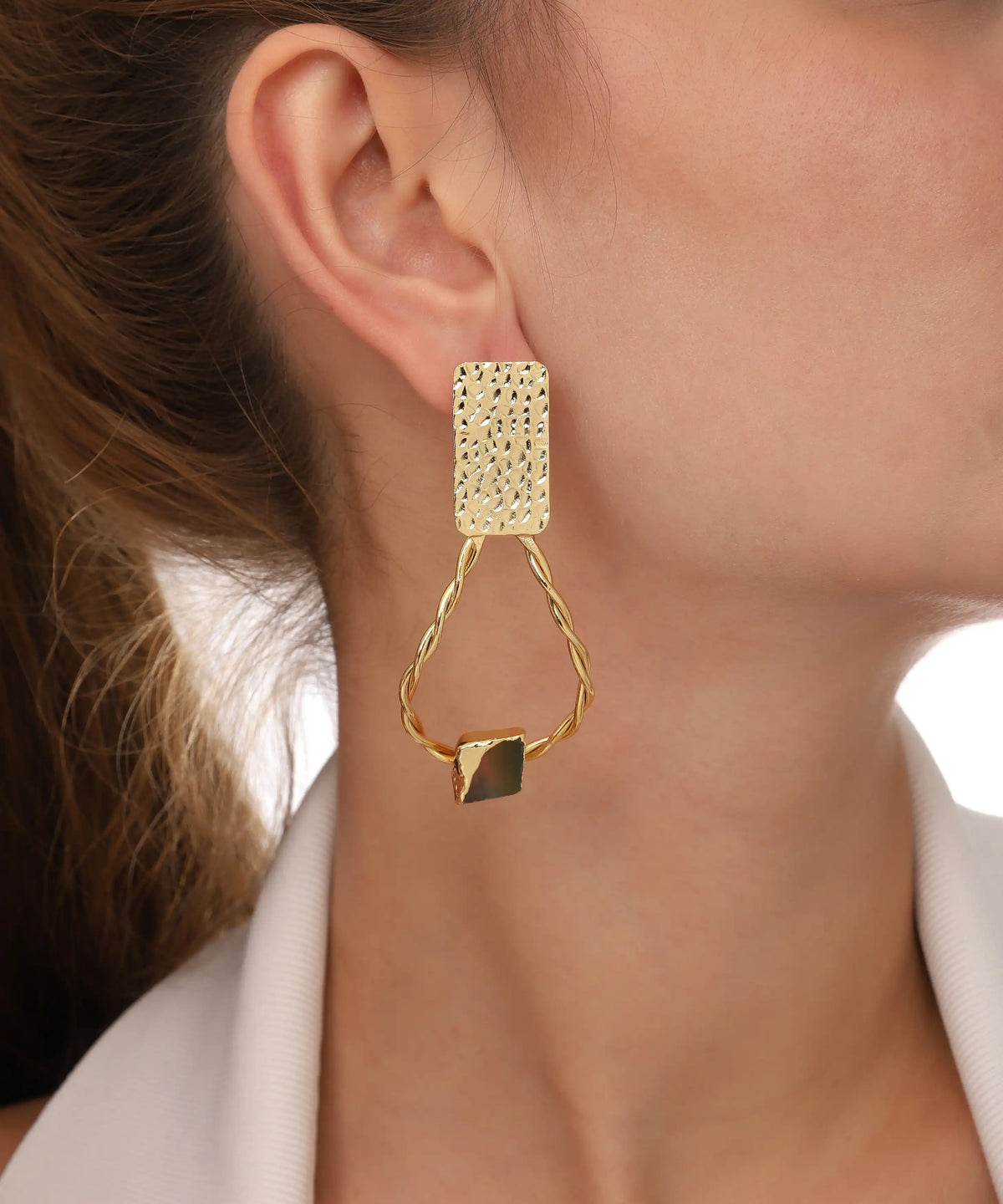 Gold Textured Rectangle Hoop Drop Earrings