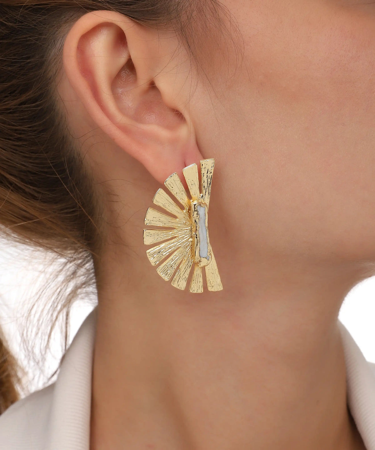 Gold Sunburst White Stone Statement Earrings