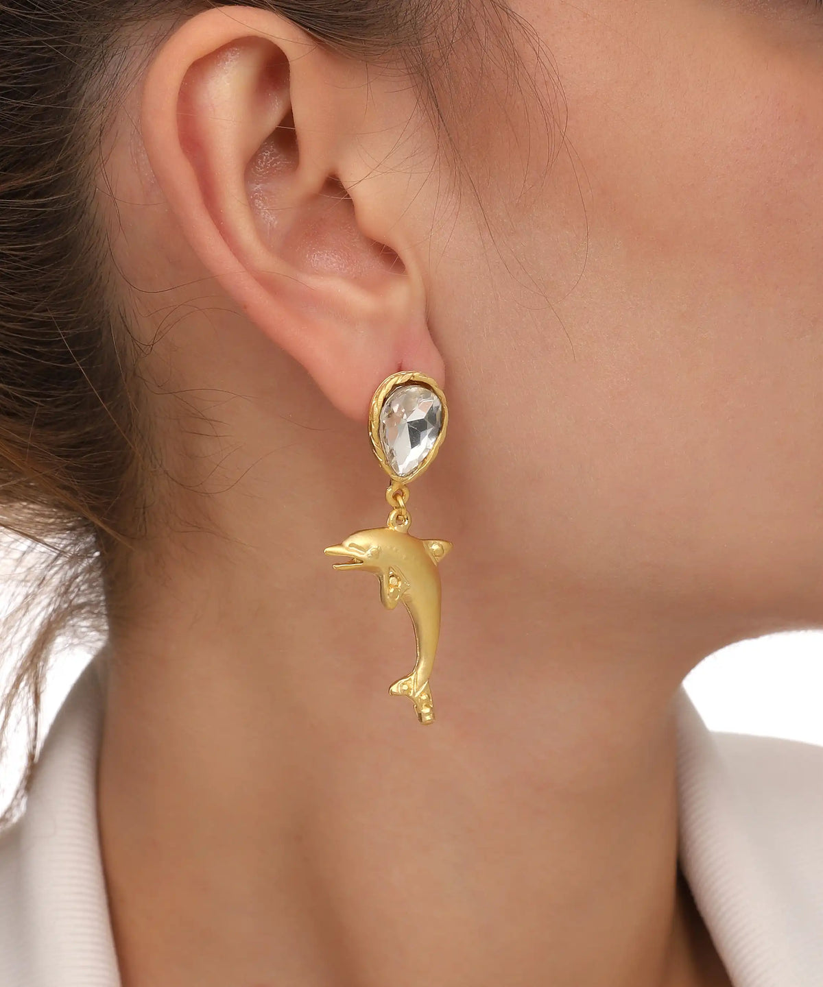 Gold Dolphin Drop Stone Earrings