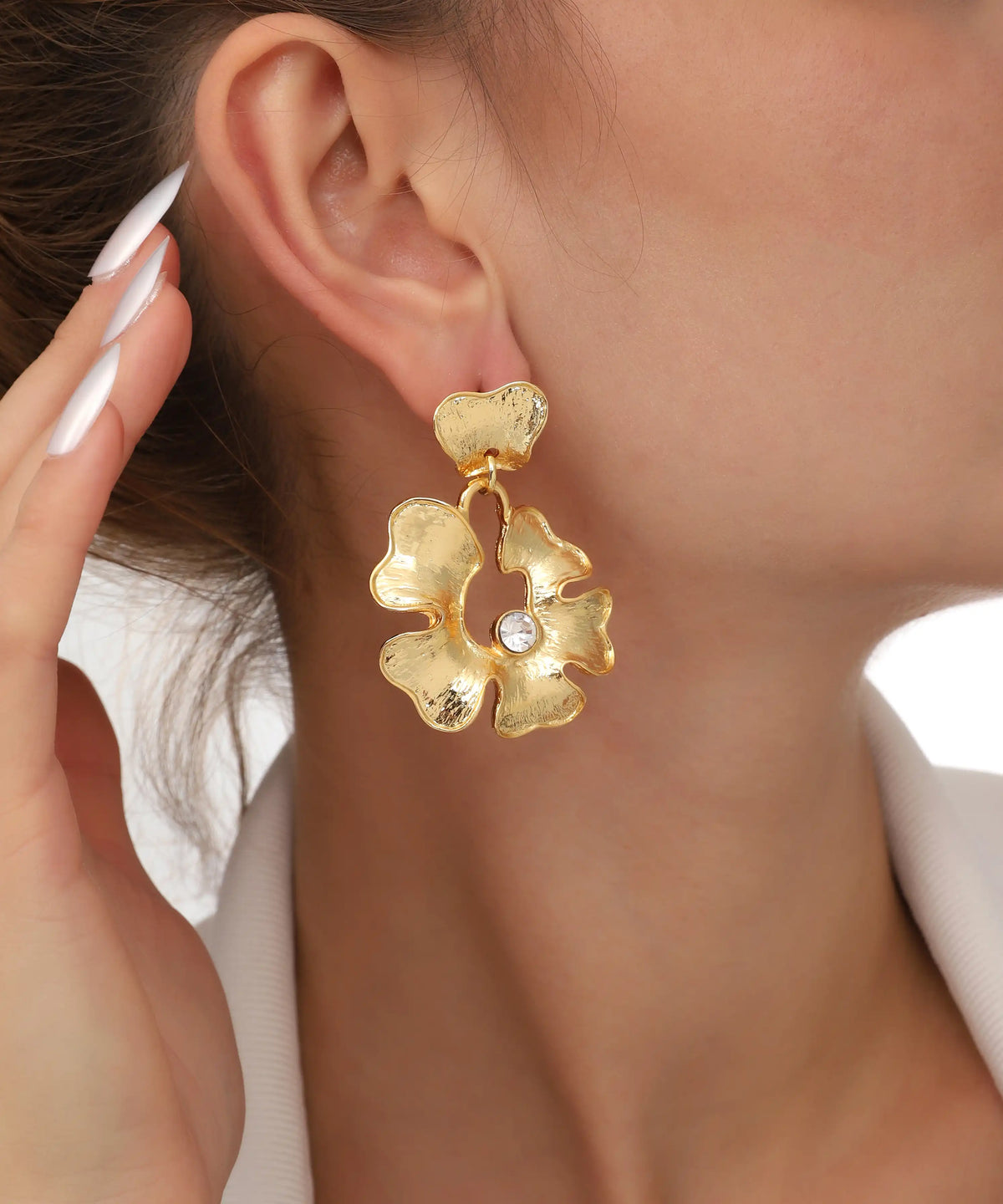 Gold Abstract Flower Crystal Drop Earrings