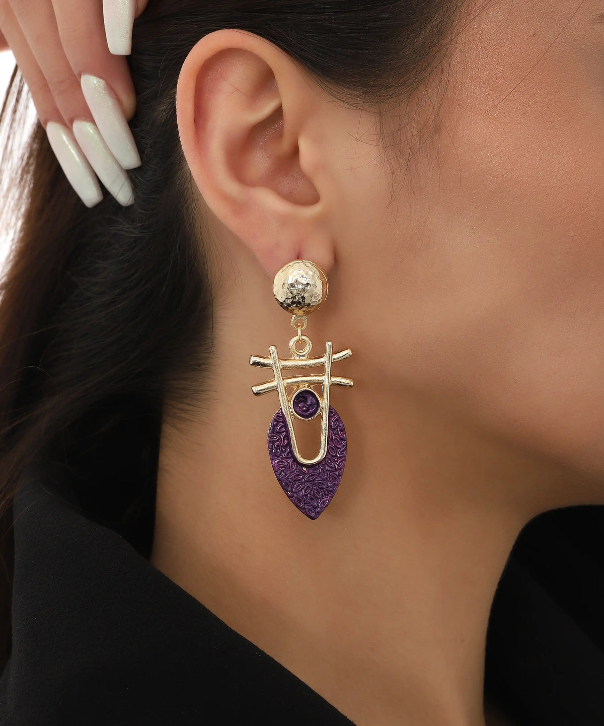 Purple Tribal Gold Statement Earrings