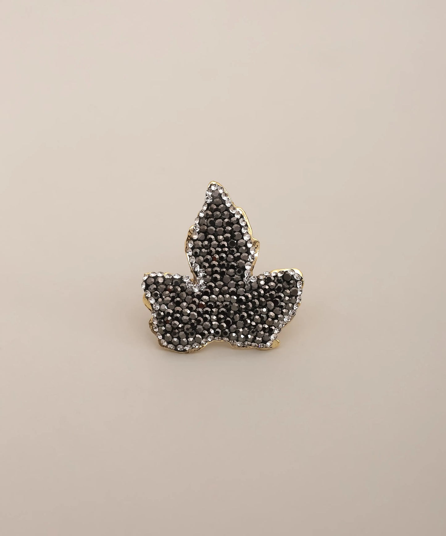 Black Crystal Leaf Statement Ring Gold Adjustable