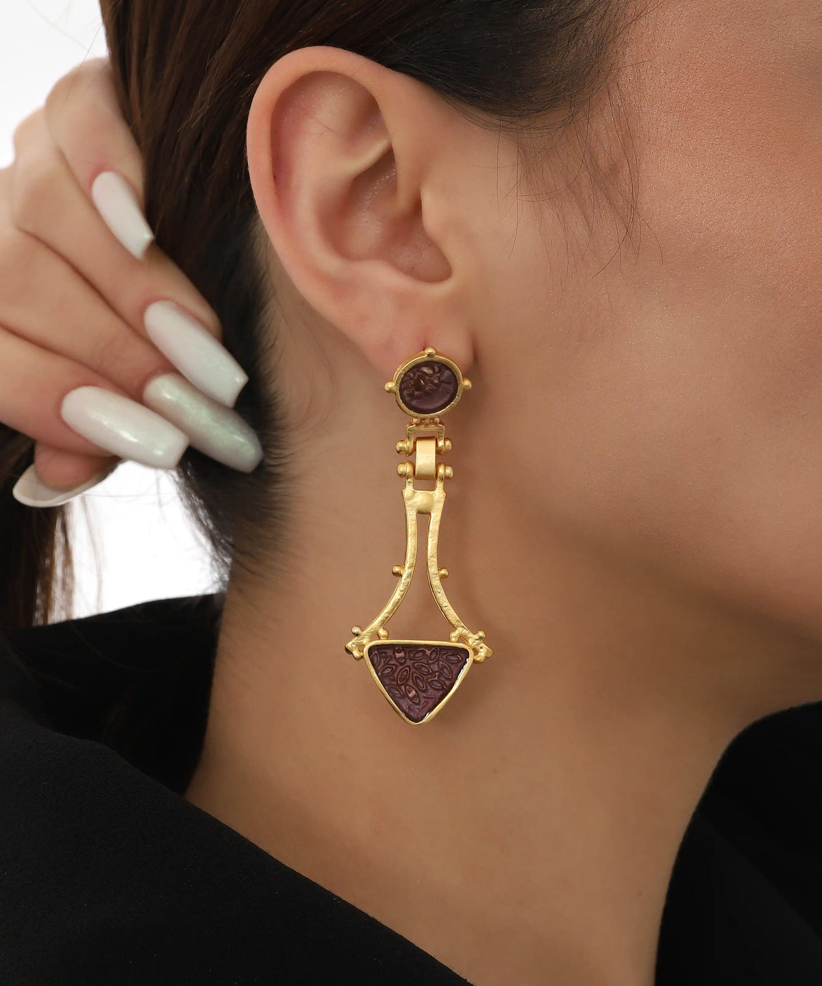 Burgundy Geometric Vintage Gold Earrings