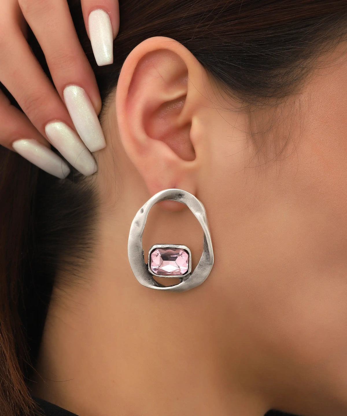 Silver Pink Stone Abstract Earrings
