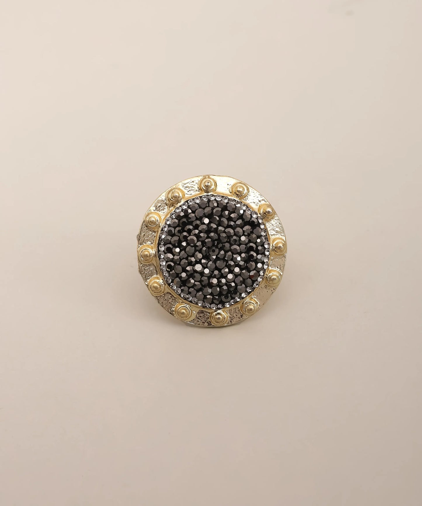 Black Crystal Round Statement Ring Gold Beaded Adjustable